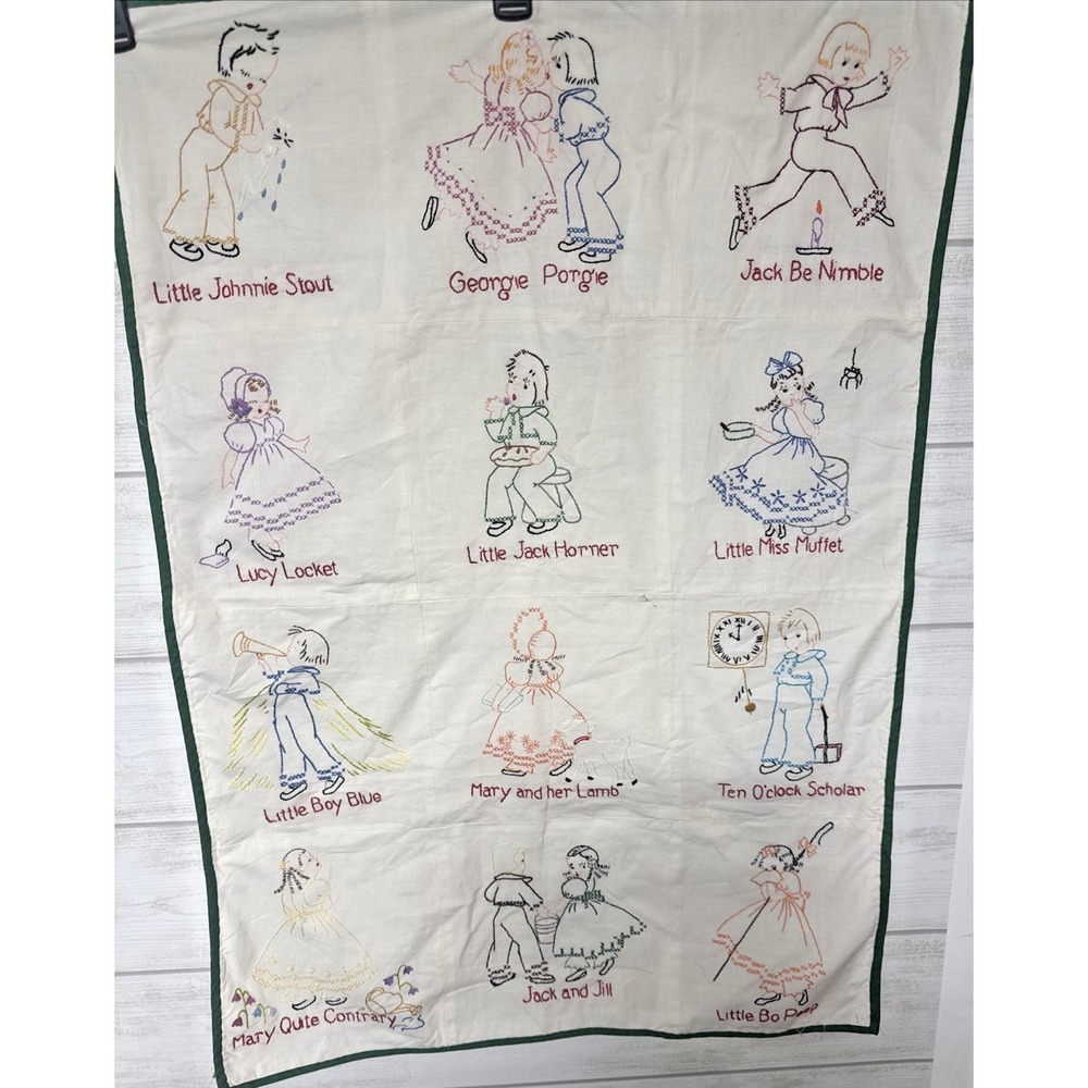 Vintage Embroidered Nurse Rhymes Wall Hanging 24"x34" White Green edge